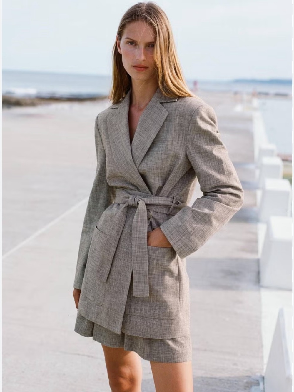 Zara NWT linen blend belted blazer houndstooth 2704/111
